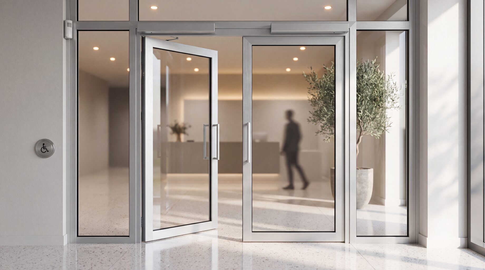ED250 automatic swing door at a building entrance